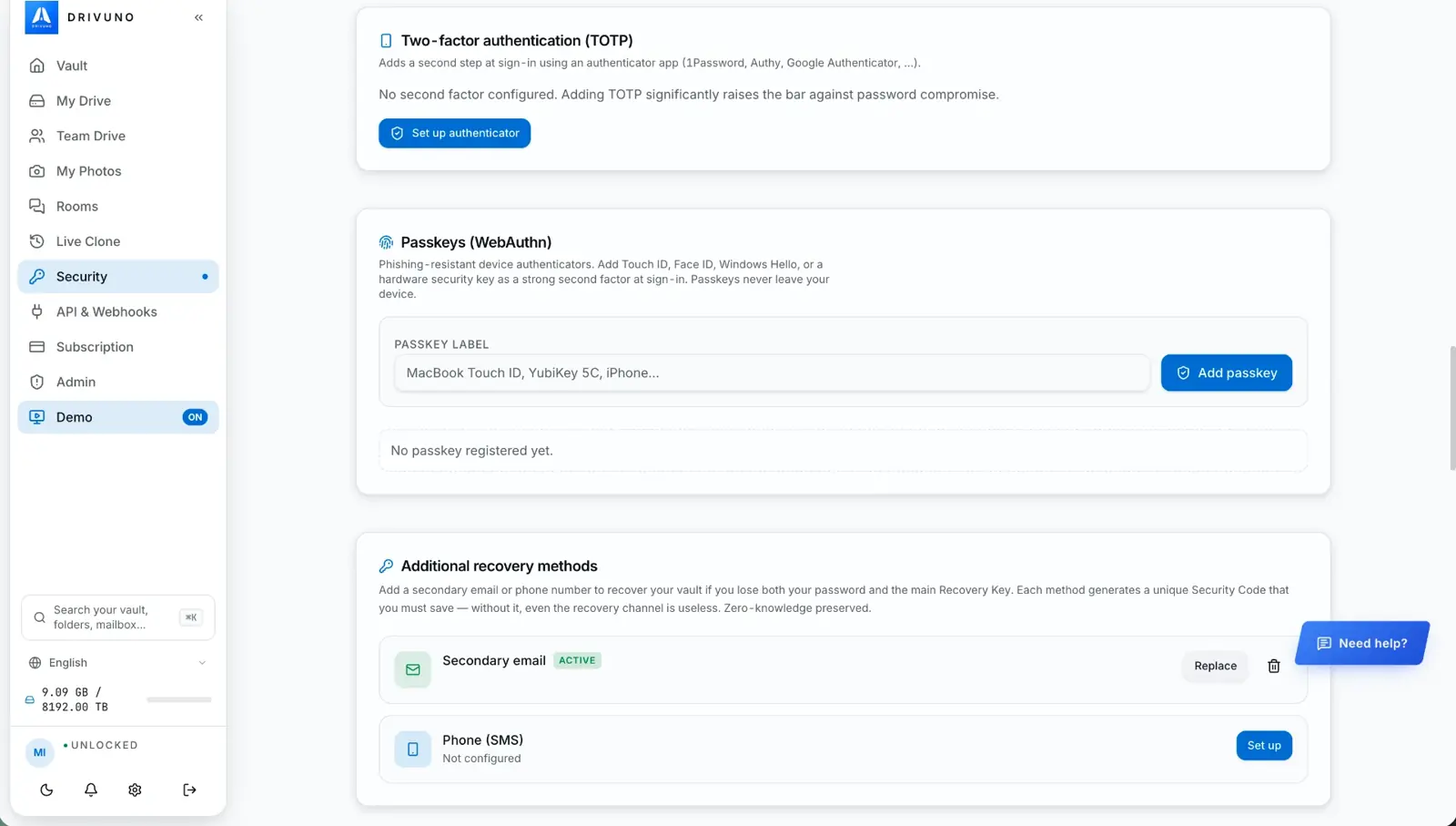 Passkeys, two-factor authentication and recovery methods