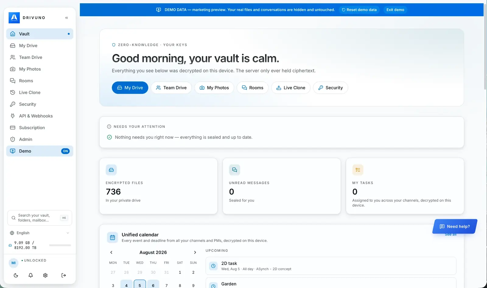 DRIVUNO vault dashboard with unified calendar and encrypted file counts