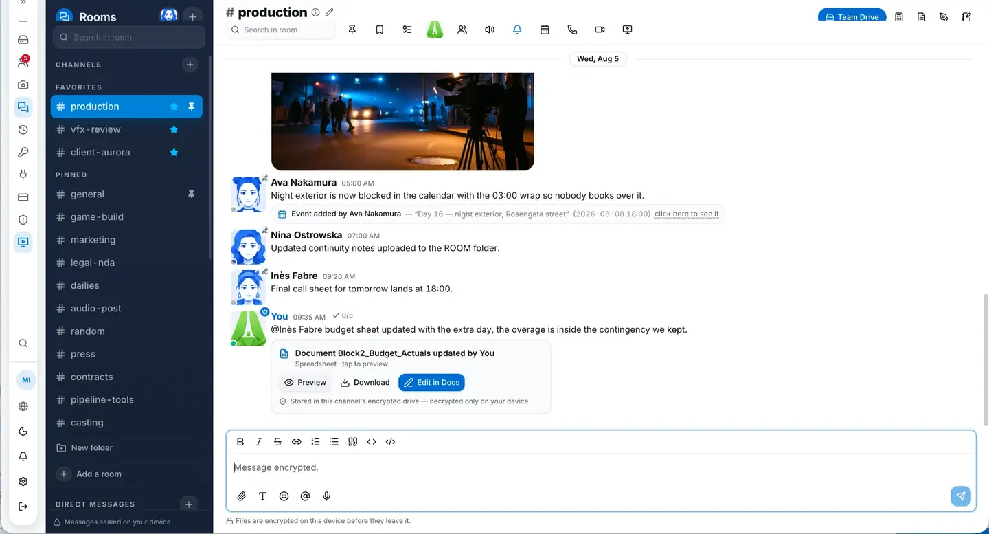 DRIVUNO Rooms production channel with encrypted files and events