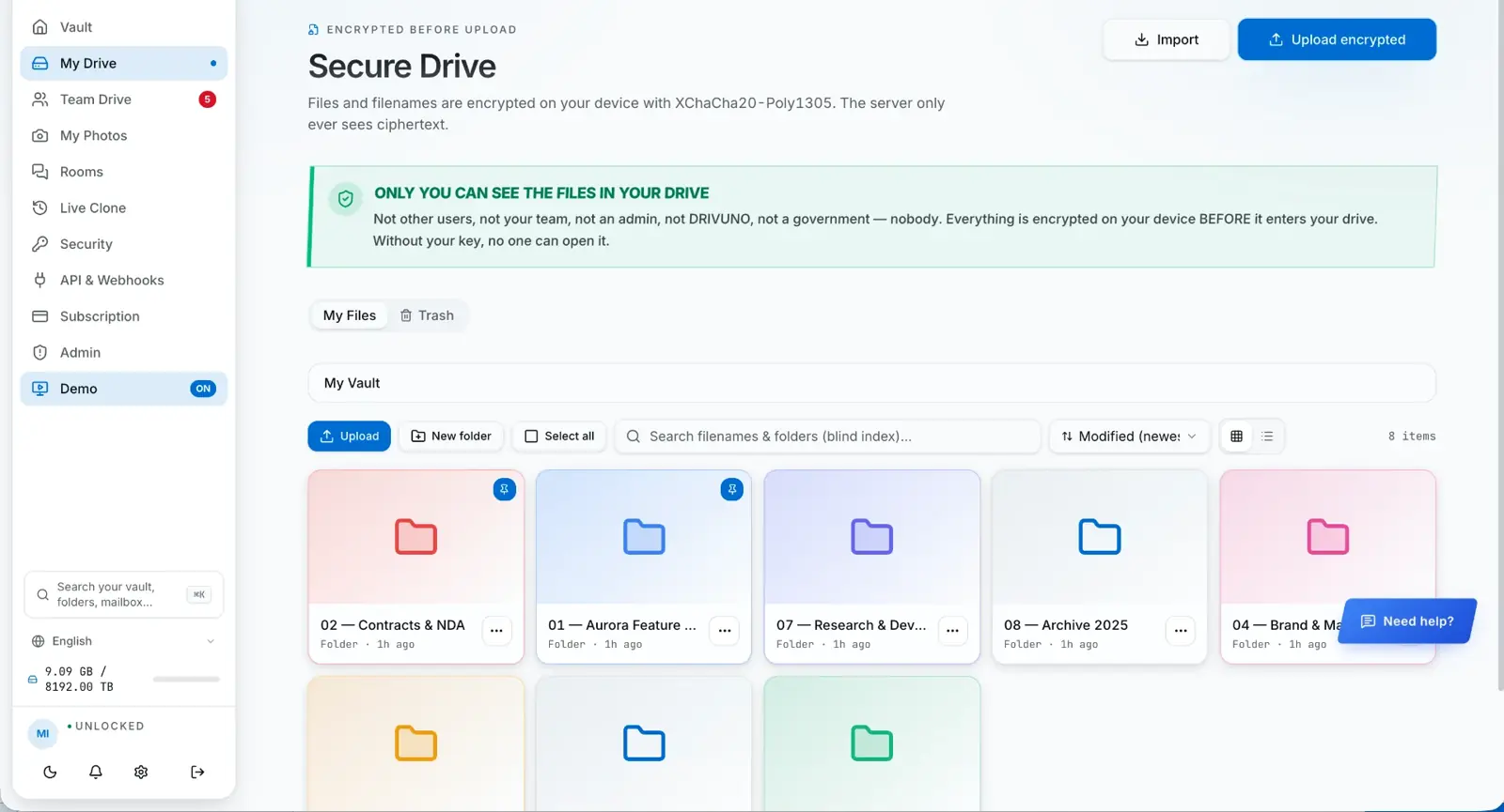 Secure Drive with encrypted folders and blind-index search
