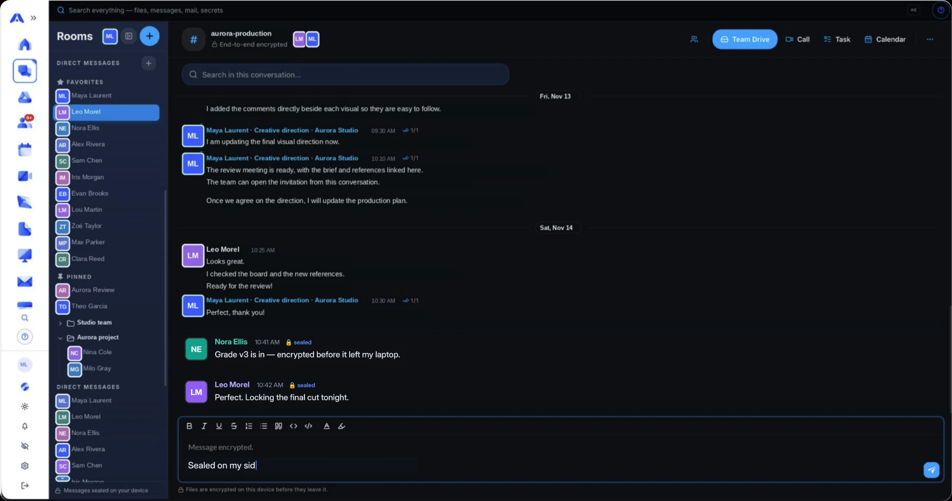 Encrypted direct message thread with tasks