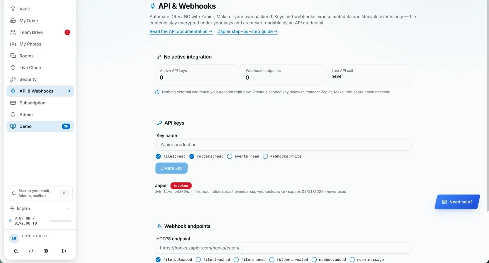 API keys and webhook endpoints for Zapier and Make