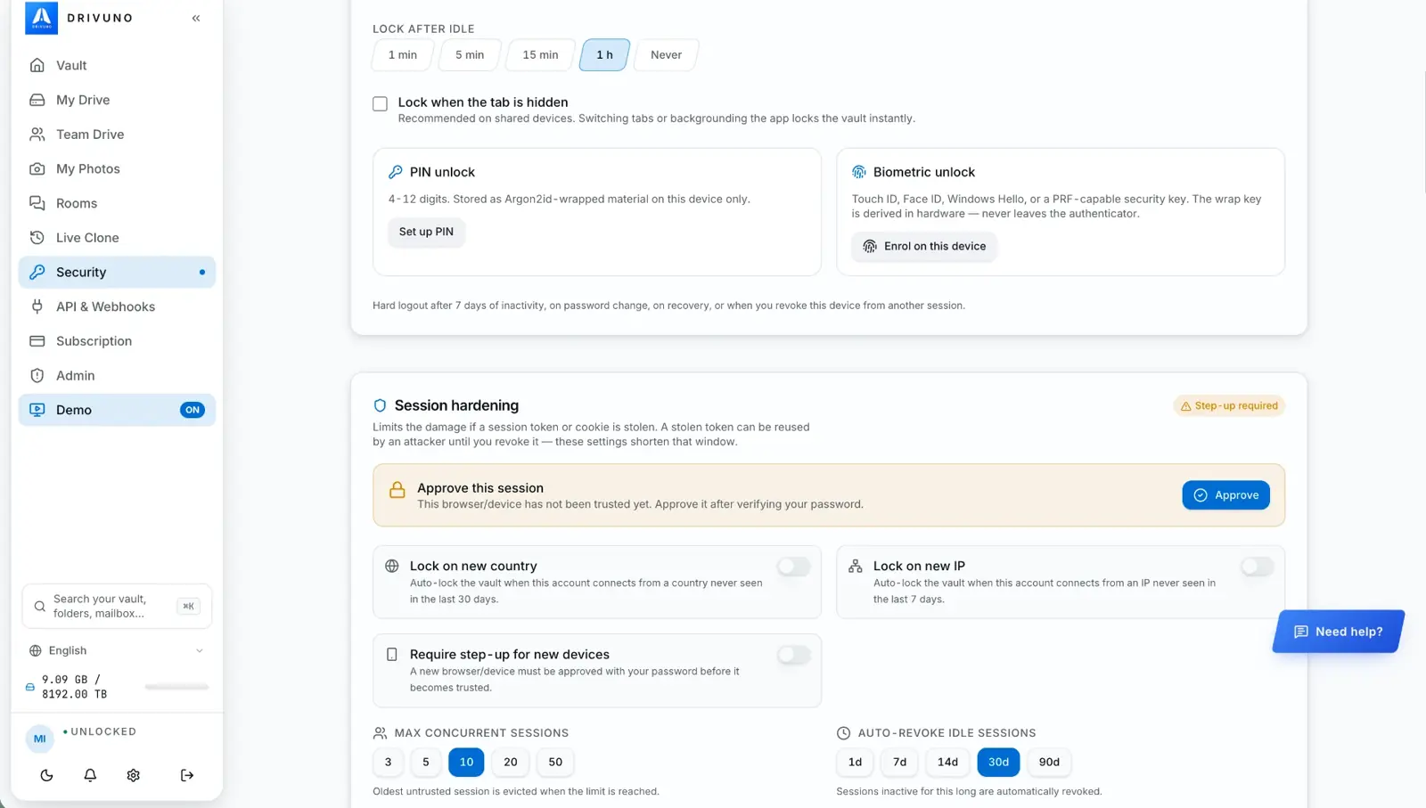 Auto-lock, PIN and biometric unlock settings