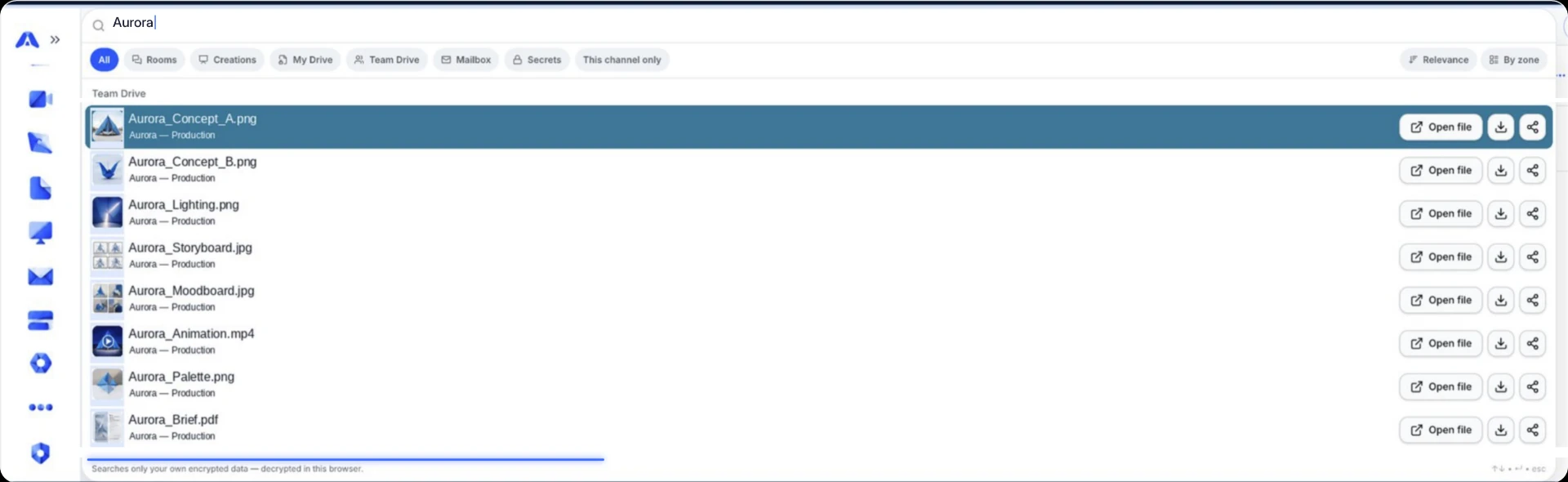 Encrypted search across files, messages, mail and secrets, decrypted in the browser